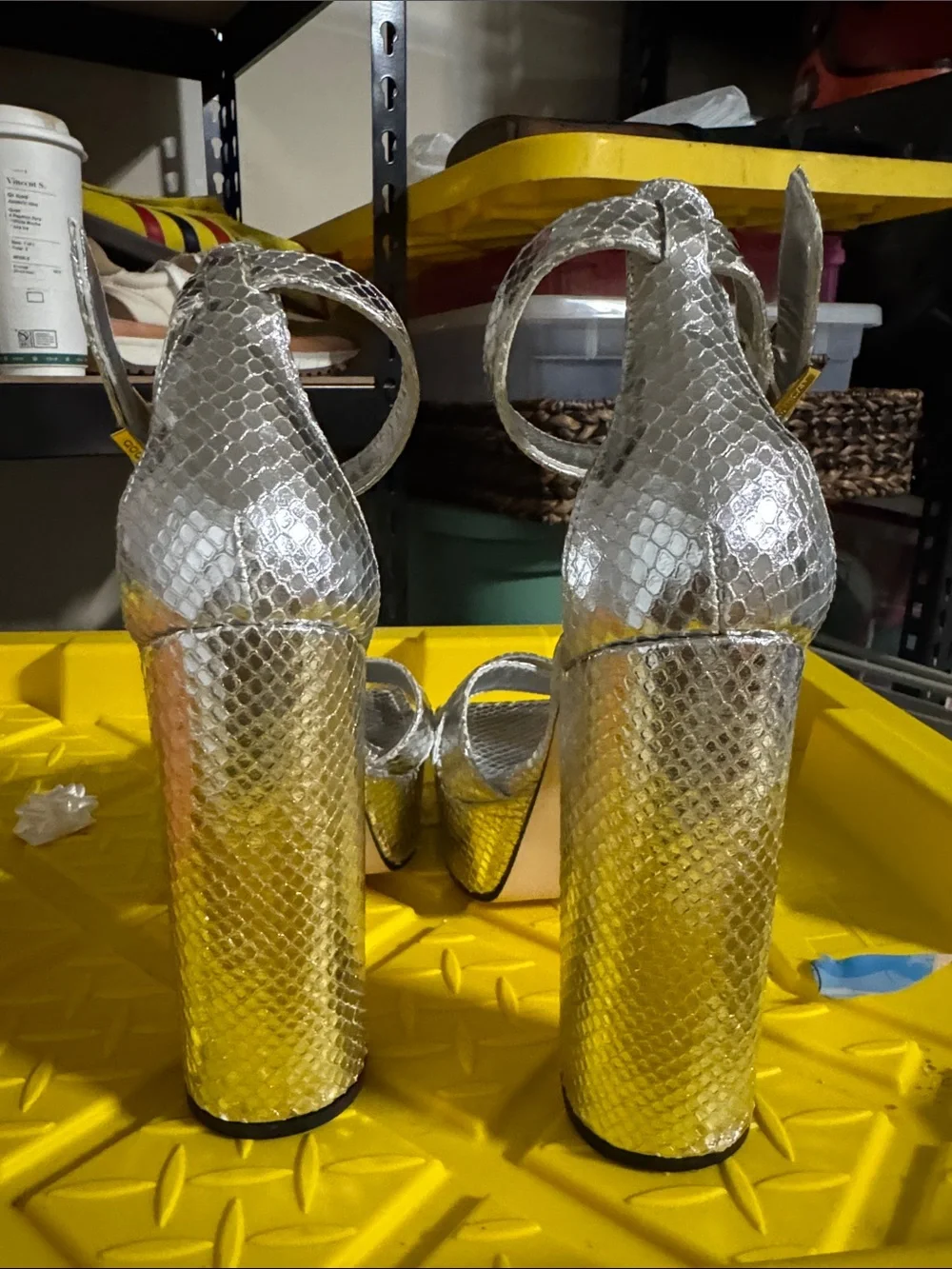 NWOT- Good American Silver Snake-Embossed Block Heel Sandals 8.5